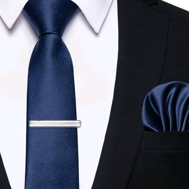Dasi instan  pria plus penjepit dasi silver metalik dasi 3inchi 8 cm+ pocket square 3 in 1 packing box 2
