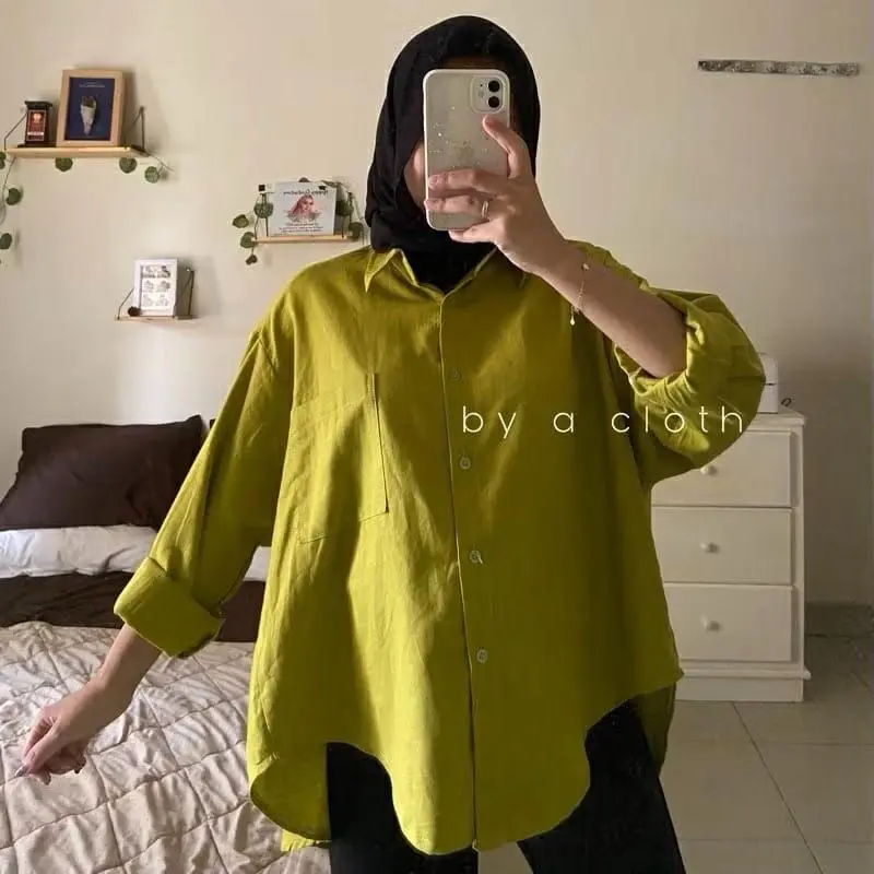 Atasan Wanita Kemeja Olive Lengan Panjang Polos Premium 4