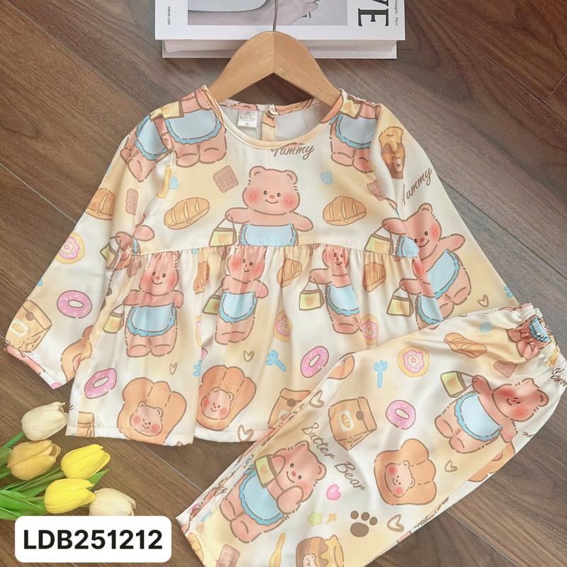 LDB251212 Bộ lụa dài mẹ bé pijama tay dài quần dài cho bé gái 12kg-60kg cài nút phối viền