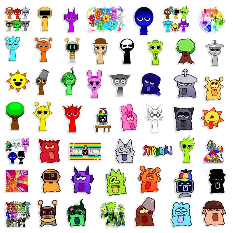 Hình dán Graffiti trò chơi Sprunki Incredibox, 52 CÁI, phong cách vui nhộn, hình dán trang trí sổ tay, chất kết dính PVC, không thấm nước, hộp quà, nhãn trang trí, thích hợp cho guitar, sổ tay và đồ đạc, tự làm thủ công 8