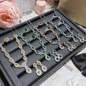 MNS37Z Set empat potong vintage kalung berlian mikro berbentuk oval berlapis zamrud 18K desain tugas berat untuk wanita