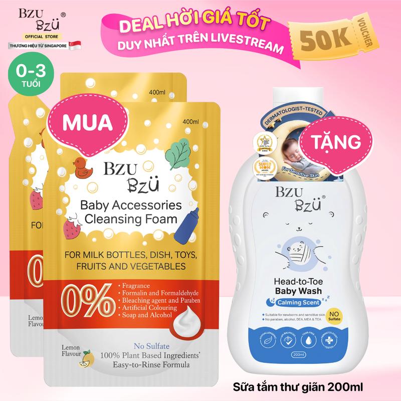 Combo 2 Túi Nước Rửa Bình Sữa, Đồ Dùng Em Bé BZU BZU Baby Accessories Cleansing Foam Lemon Tạo Bọt, Hương Chanh 400ml Cho Bé