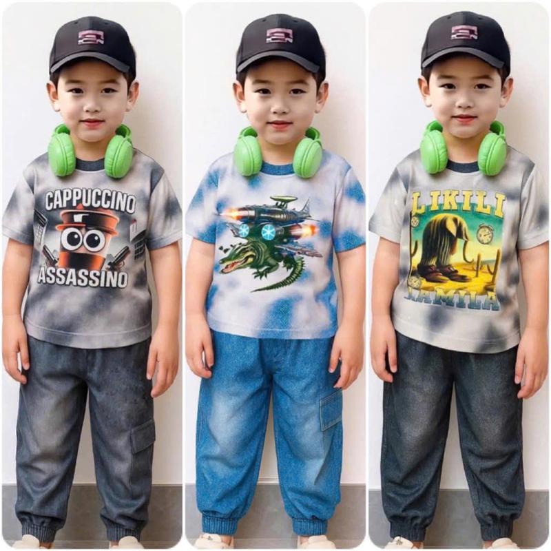 [Combo 3 bộ-165k] Bộ áo cộc quần dài bé trai chất thun lạnh co giãn, dày dặn (quần in giả bò)