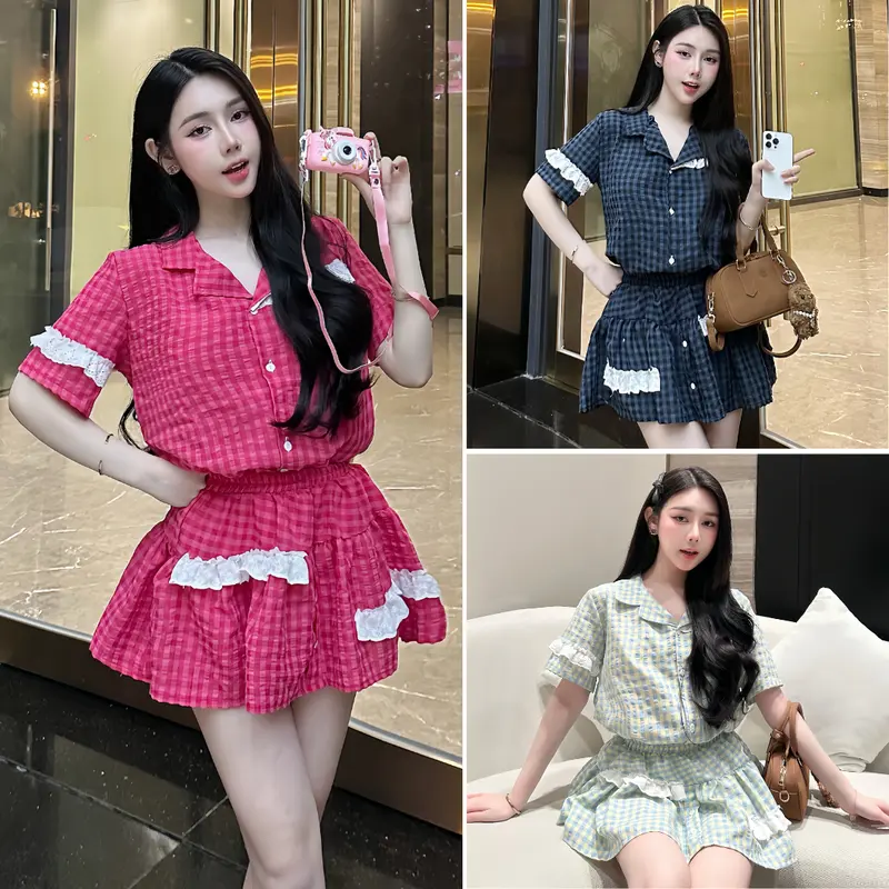Set váy babydoll đũi caro phối ren trắng kèm chân váy bèo tiểu thư  - Set bộ đồ nữ  kẻ caro mix chân váy 0