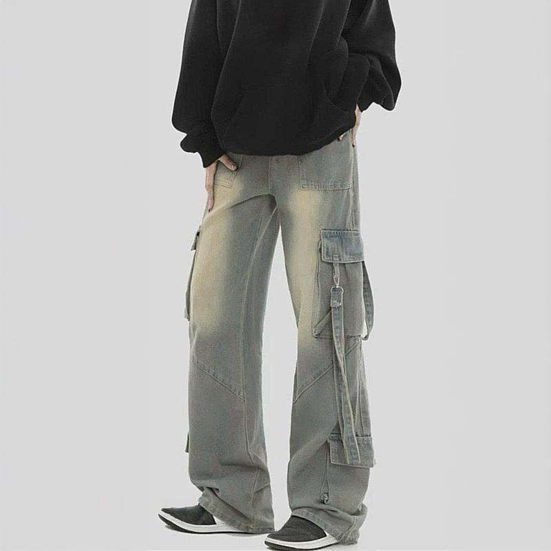 Quần baggy jean nam ống rộng túi hộp phối dây màu xám wash nhạt chất bò dãn nhẹ BS23 dáng chuẩn Menswear Pants Có Túi - TCS Trùm Chuyên Sỉ
