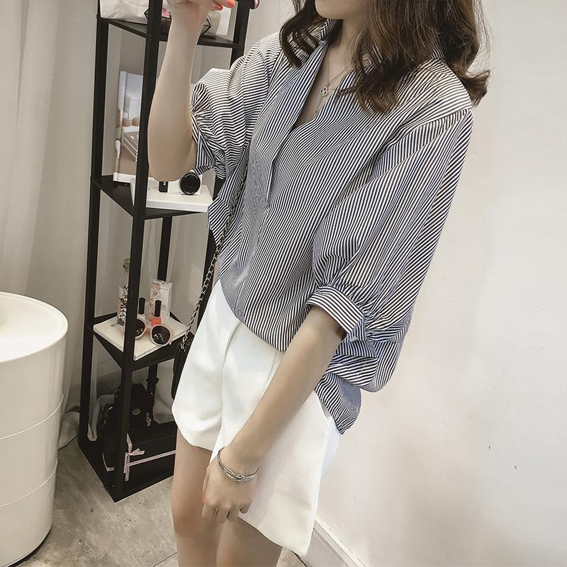 Product Introduction of M-4XL Korean Style Large Size Striped Shirt Women Casual Bat Sleeve Casual Stand Collar Blouse Top 22