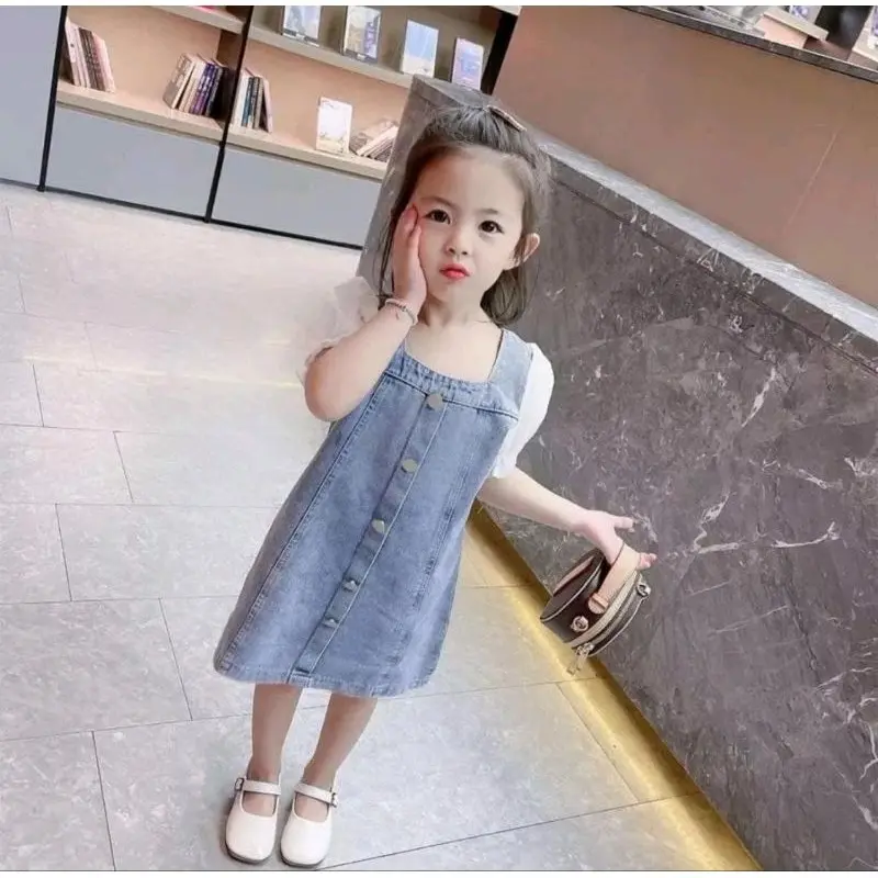 Dress Jeans Anak Terbaru Usia 1 - 7 Tahun Baju Dress Anak Korea Style Blue Kancing 3