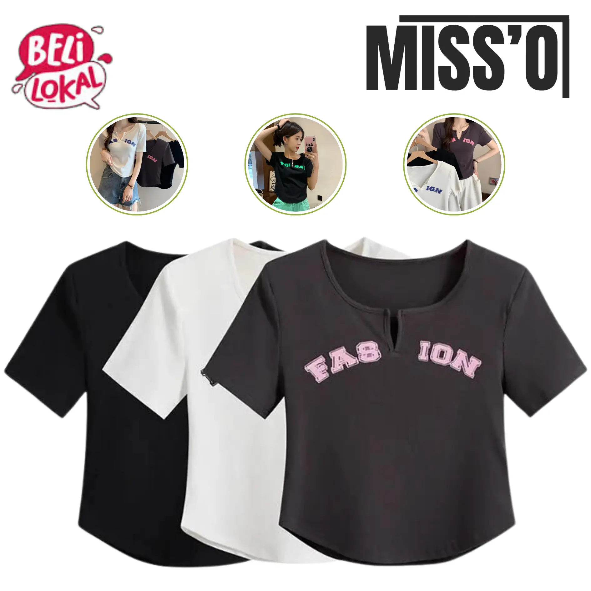 Misso Kode BJ1223 Baju Atasan Top Basic Korean Motif Polos Wanita Crop Tee Lengan Pendek Fashion Fit Melar V-Neck Rayon Simple  Kaos  Bulat