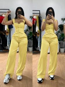 Conjunto de dos piezas con tirantes gruesos, broche frontal, chaleco ajustado y pantalones de cintura alta y pierna ancha, casual, ropa de moda para mujer