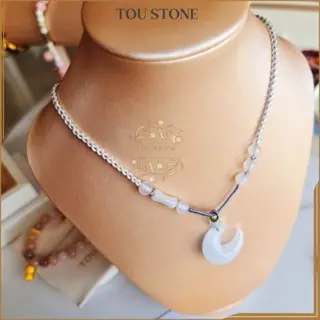 TOU STONE Kalung Wanita Liontin Necklace Moonstone Hadiah Ulang Tahun Cahaya Bulan Sabit Cantik 7