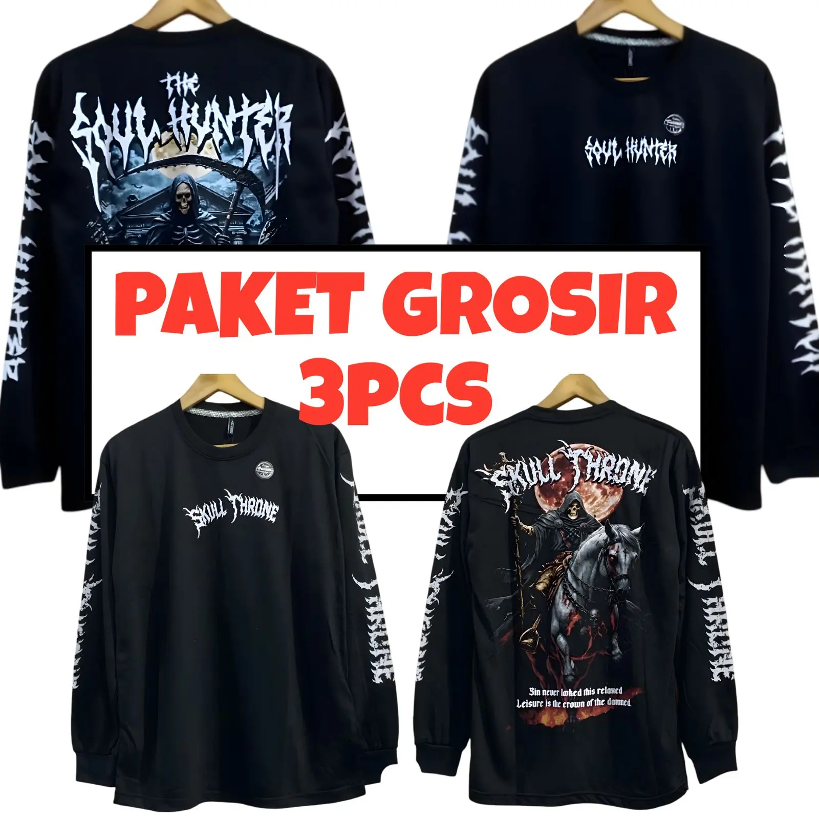 PAKET GROSIR 3PCS LONGSLEEVE ATASAN DISTRO HITAM LENGAN PANJANG ADEM & LEMBUT BAHAN 24s | KAOS LENGAN PANJANG UNISEX PRIA & WANITA