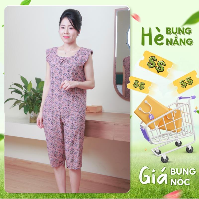 Đồ Bộ Trung Niên Cho Mẹ AHOA Áo Cánh Tiên Quần Lửng, Bộ Đồ Lanh Nữ Mặc Nhà, Bộ Lanh Trung Tuổi Hoa Nhí Cao Cấp BL14