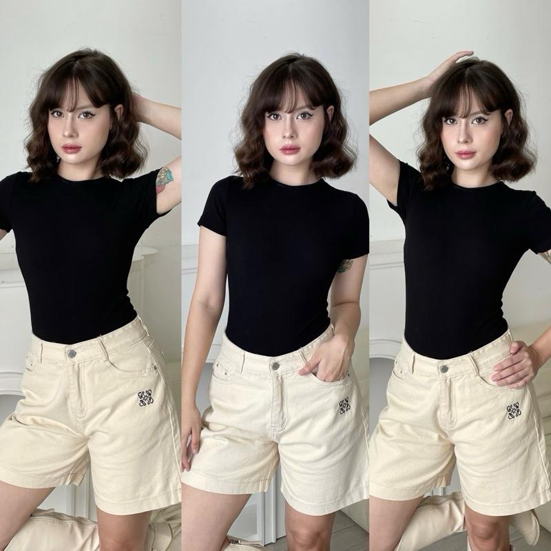 MINAE STUDIO Quần Ngố Jean Thêu Hoạ Tiết Hình Vuông Dáng Dài Vải Mềm Mịn