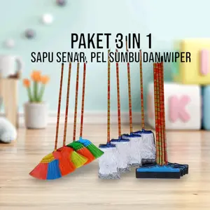 Paket Sapu 3 in 1 Sapu Senar Pel Lantai Dan Wiper Karet Dorongan Air