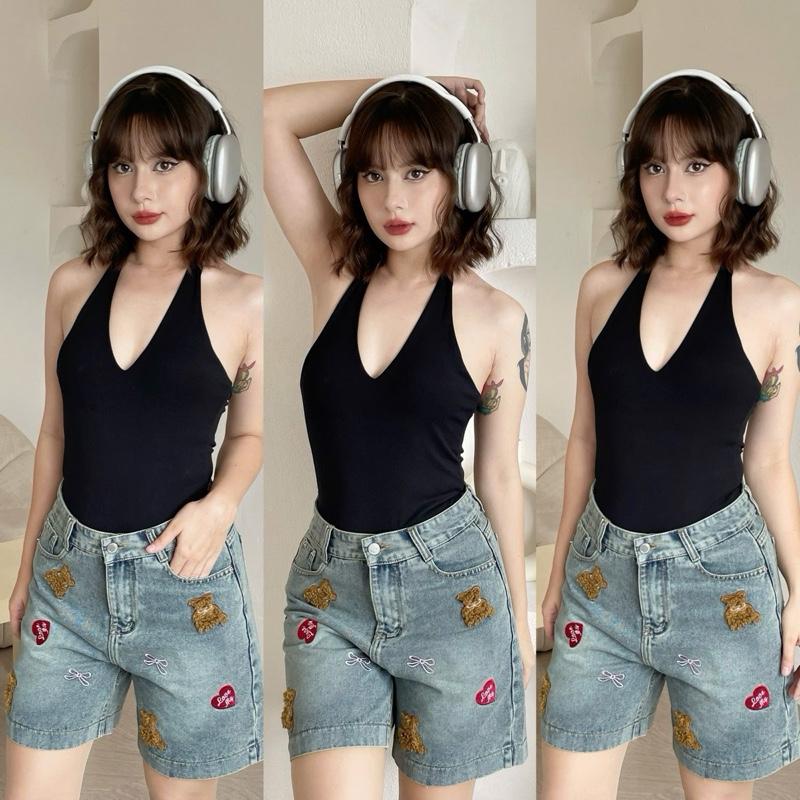 MINAE STUDIO Quần NGỐ JEAN NỮ ỐNG RỘNG THÊU GẤU CHẦN BÔNG VẢI MỊN