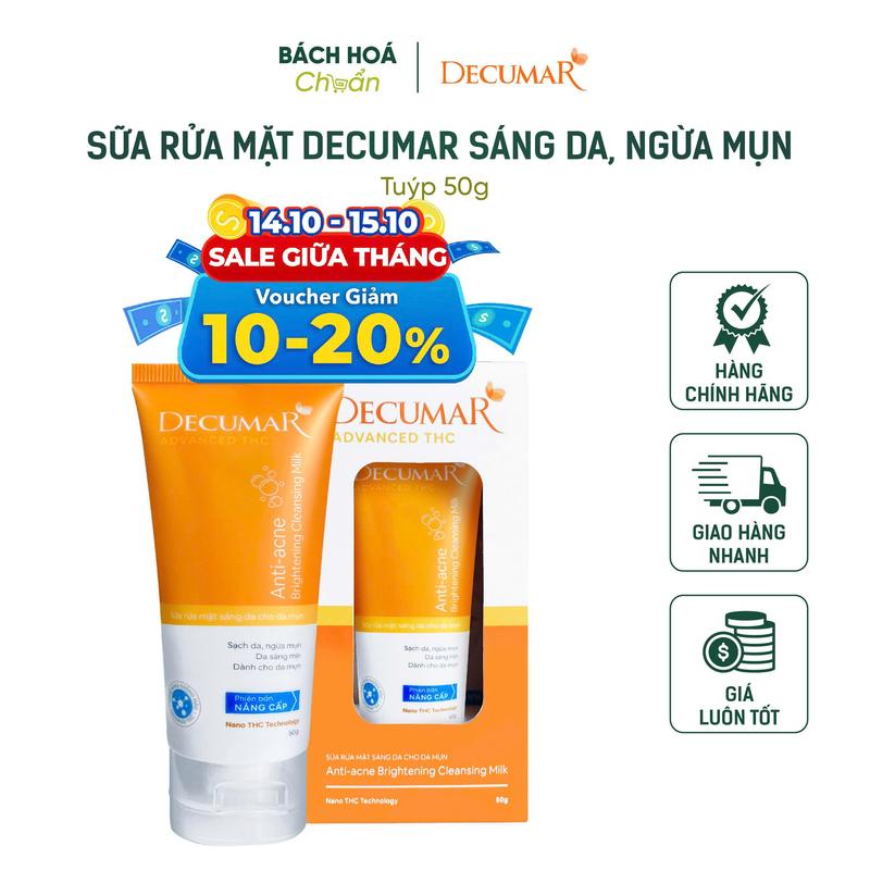 Decumar - Sữa Rửa Mặt Decumar Sáng Da Ngừa Mụn Typ 50g Chống Vi Khuẩn Giúp Ngừa Mụn Mờ Thâm Sẹo Cải Thiện Độ Đàn Hồi Da Hộp Tuýp 50g
