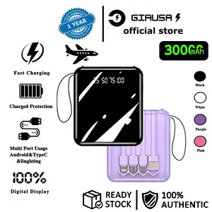 Mini Powerbank Portable Dengan 4 dalam 1 Kabel Data Terlepas Cermin Powerbanks Pengisian Cepat 3.0 30000MAH Tampilan LED untuk iOS / Android Tipe-C TypeC