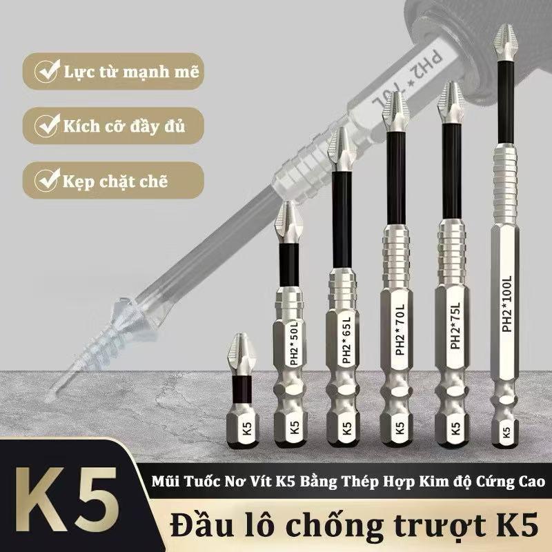 Bộ vít chống trượt K5 - Đầu có từ tính - Thép CRV - Độ cứng cao phù hợp máy vặn ốc máy khoan các loại cờ lê.