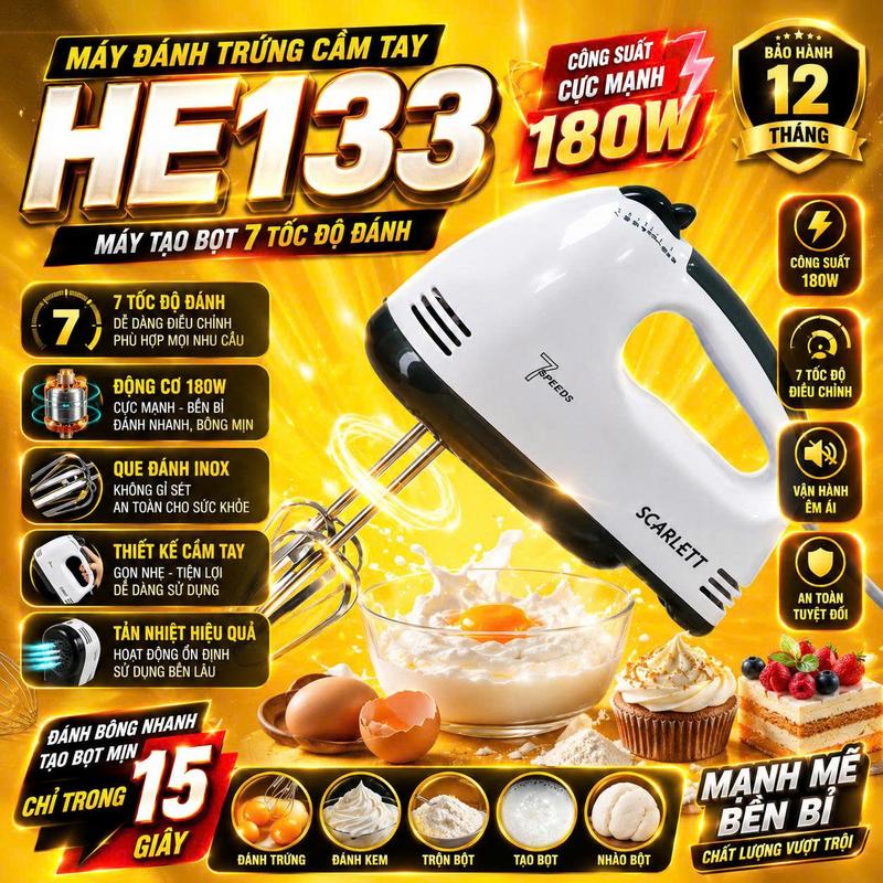 Máy Đánh Trứng Cầm Tay 7 Tốc Độ Công Suất 180W