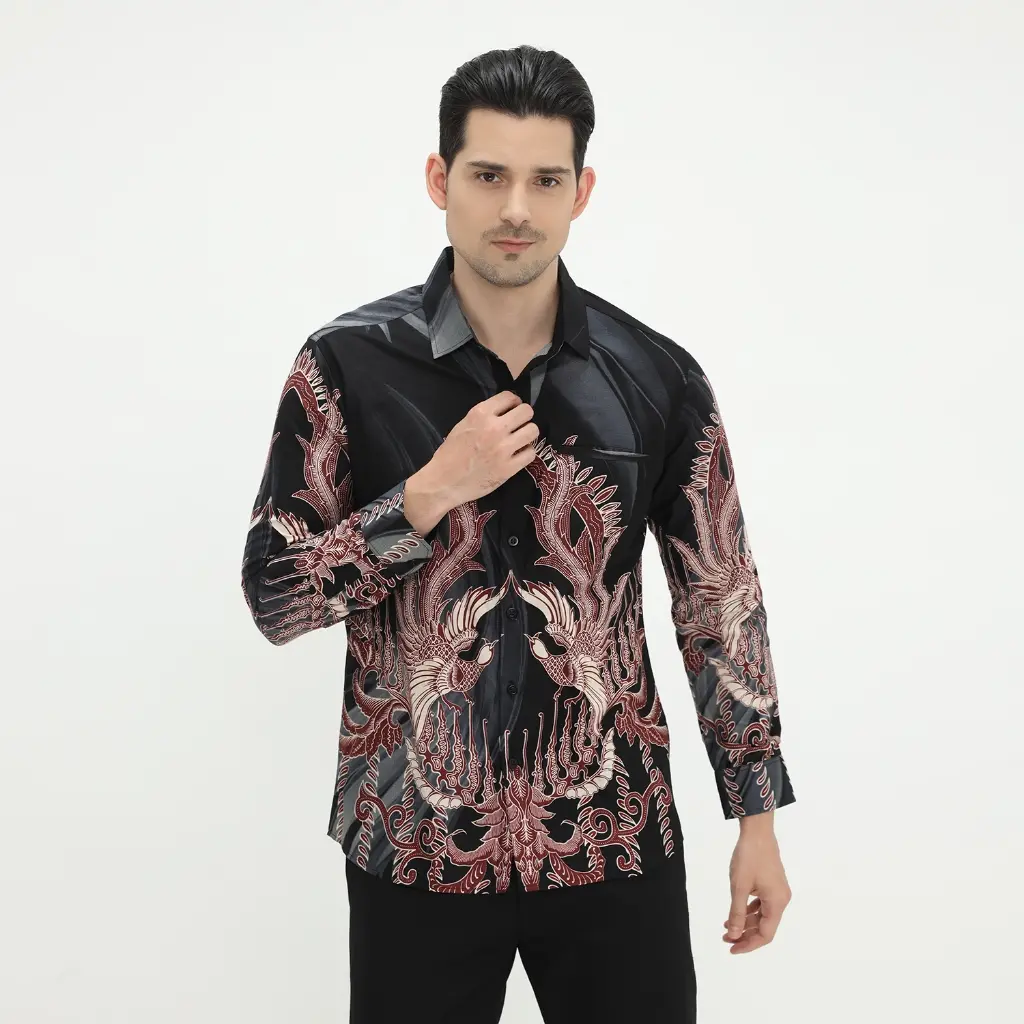 Kemeja Batik Pria Atasan Batik Modern Lengan Panjang Warna Hitam OLR226