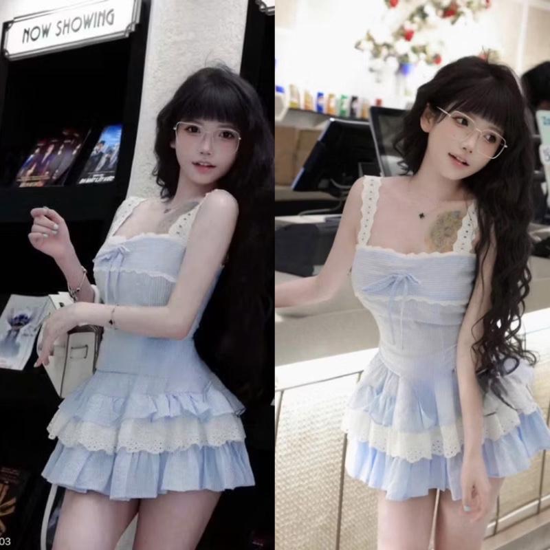 Set áo 2dây ren và chân váy ngắn xoè tầng CÓ QUẦN kho sỉ hải chuyền Se26