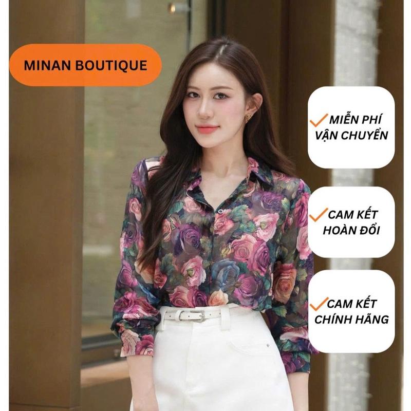  MINAN BOUTIQUE Áo Sơ Mi Nữ Dài Tay Chất Tơ Hàn Hoạ Tiết Hoa Hồng Size S M L XL Chất Liệu Cao Cấp Form Chuẩn Phù Hợp Công Sở 