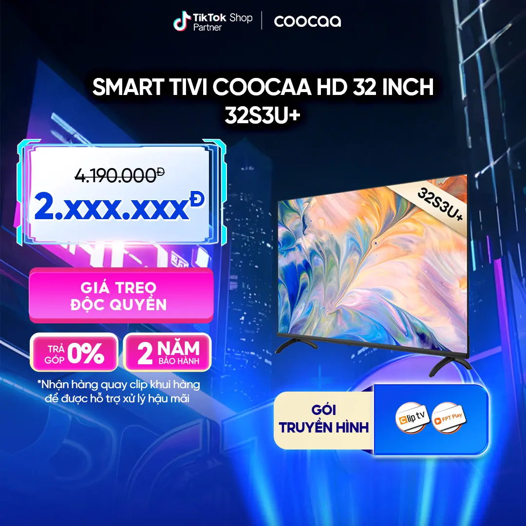 [DEAL SIÊU RẺ ] Coocaa Smart Tivi HD  32 inch - Model 32S3U+ - RAM 512MB/ROM 4GB- Kết nối Wifi Truy Cập Youtube - Hệ điều hành Coolita - DVB T2 Xem Truyền Hình KTS - Công nghệ Dolby Audio -Không điều khiển giọng nói màn  hình