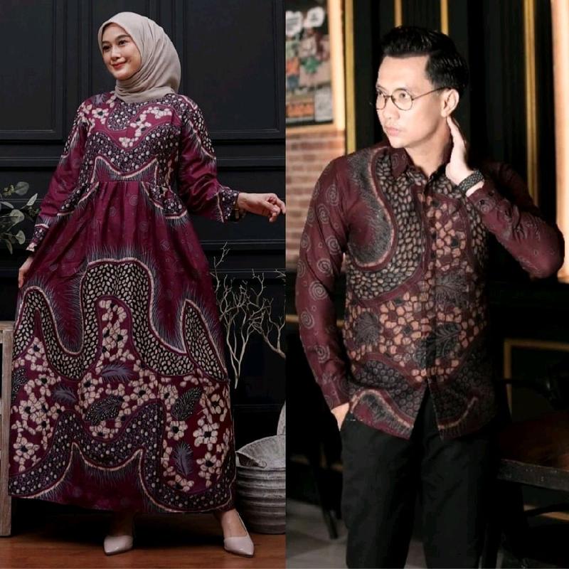Baju Lebaran 2025 Couple Ayah Dan Ibu Sarimbit Warna Burgundy Terbaru Set Kemeja Dan Gamis Batik Syar'i Elegan Mewah Pasangan Dewasa  Motif Cantik 0