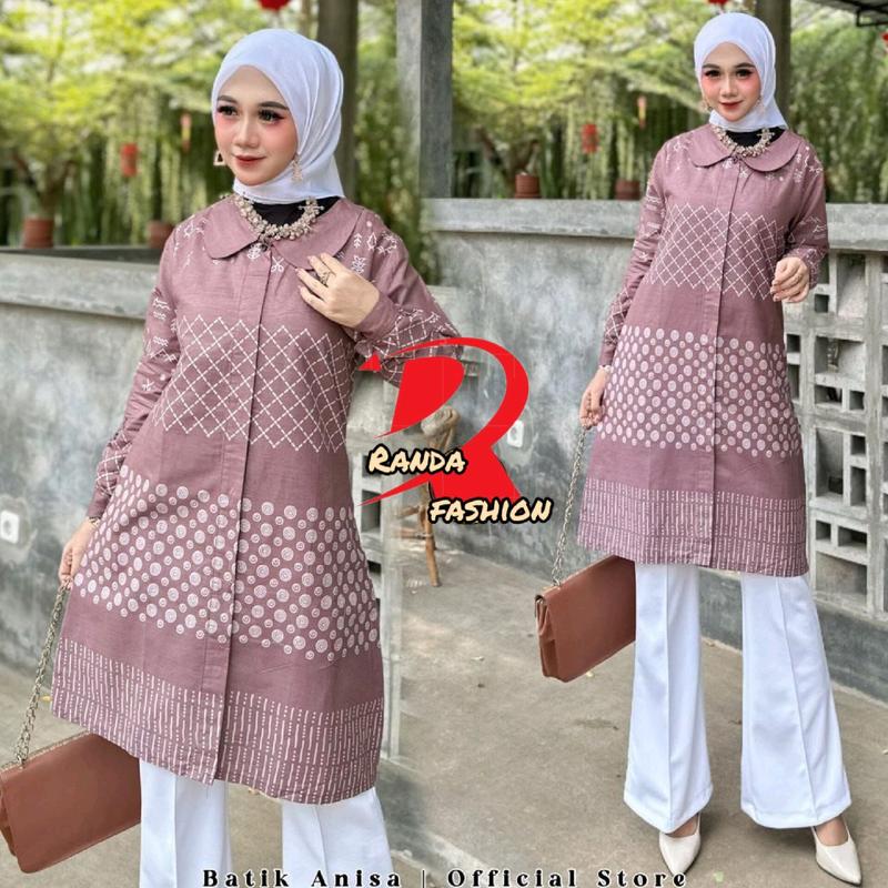 Tunik batik modern Tunik wanita motif Tarbaru seragam guru wanita baju atasan tunik kancing depan busui friendly Katun Panjang Dewasa Remaja Kain Kerja Dress Muslim 4