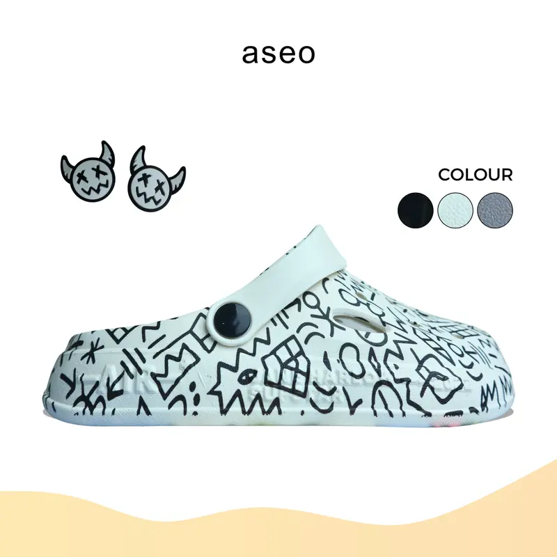Aseo Sandal Pria Wanita Couple Dewasa  Baim Clog Terbaru Lebaran 2025 Slip on Kodok Sandal Cowok Dewasa Kekinian Import Korean Style Anti Slip Karet Rubber Lucu H173 Black Sendal 2