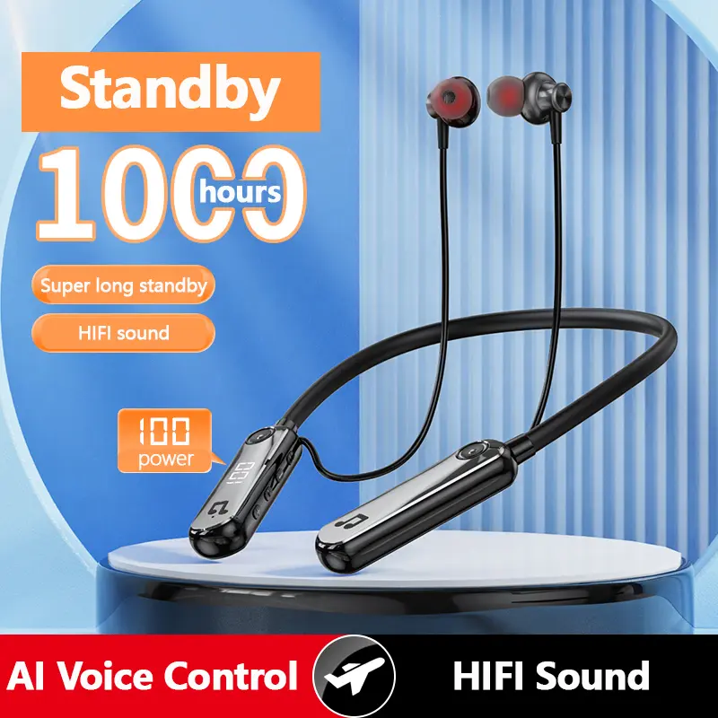 Wireless Bluetooth 5.3 Neckhand Headphone Hifi Sound Earphones Long Endurance 1000 Hours Standby Earbuds LED Display Gaming Zero Delay Headsets With AI Voice Control And Five Sound Effect Audio Microphone Automatic Cable Charging Connection Digital