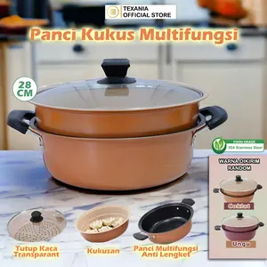 [EKSKLUSIF ISCHAINDYOFC]  Panci Kukusan Serbaguna Steamer Baru 2 Susun Tebal Tutup Kaca Panci Kukus Warna 28cm Kitchenware - Bisa Pilih Warna