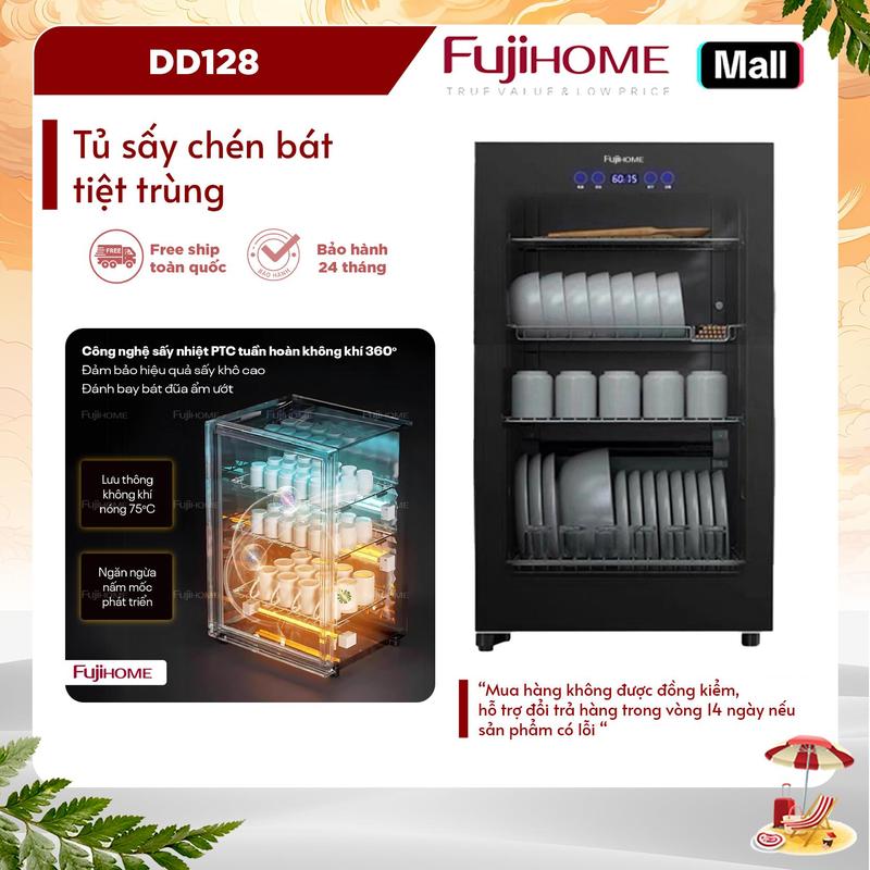 Tủ sấy chén bát FUJIHOME DD128 bản 128 lít -  tủ sấy bát đĩa, khử khuẩn bằng tia UV, ozone, khử trùng đa năng sấy nóng 75 độ C - Bảo hành 24 tháng