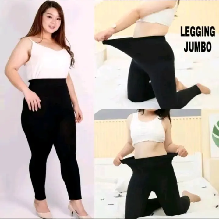 LEGGING PANJANG SUPER JUMBO >BB (85kg-120kg) BIG SIZE - Legging Panjang Wanita Bahan Spandek Jersey - Celana Tebal Stretch Melar Hitam