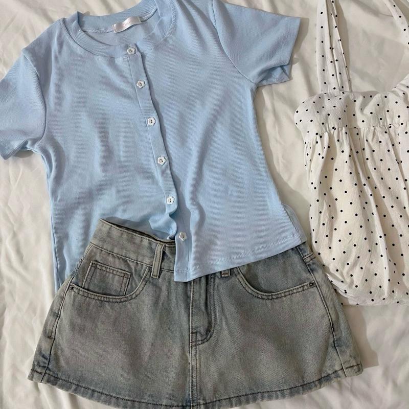 LOVIE SHIRT - Áo thun gân nút hoa tay ngắn nhiều màu