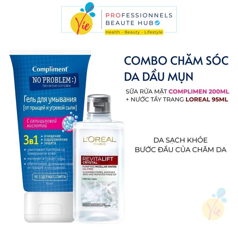 COMBO CHĂM SÓC DA DẦU MỤN Sữa Rửa Mặt Compliment 3in1 Salicylic Acid BHA 200ml + NTT LOREAL Xám 95ml