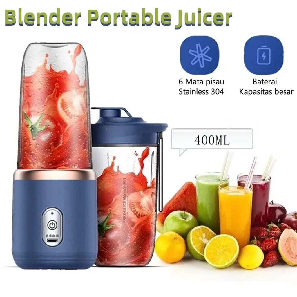 Blender Portable Mini Juicer 6 Mata Pisau 400ML Blander Jus Buah Port/ Charger USB/ Electric Blender Kapsul - COD