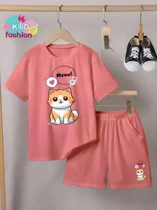 Setelan Anak Laki-laki / Perempuan dan Celana Pendek Ukuran 3-10thn Motif Meow Love Fashion Baju