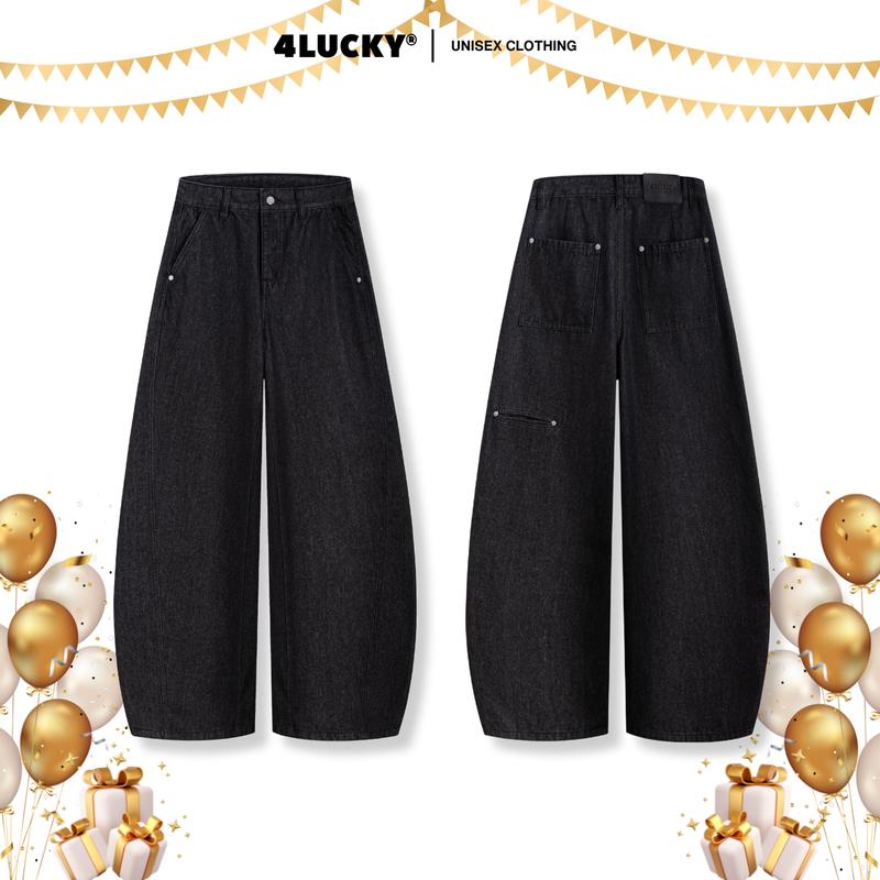  Quần Jean Unisex Phối Rã 4Lucky 6232 Quần Jean Ống Cong Đen Wash Phối Túi Sau Cá Tính Local Brand 