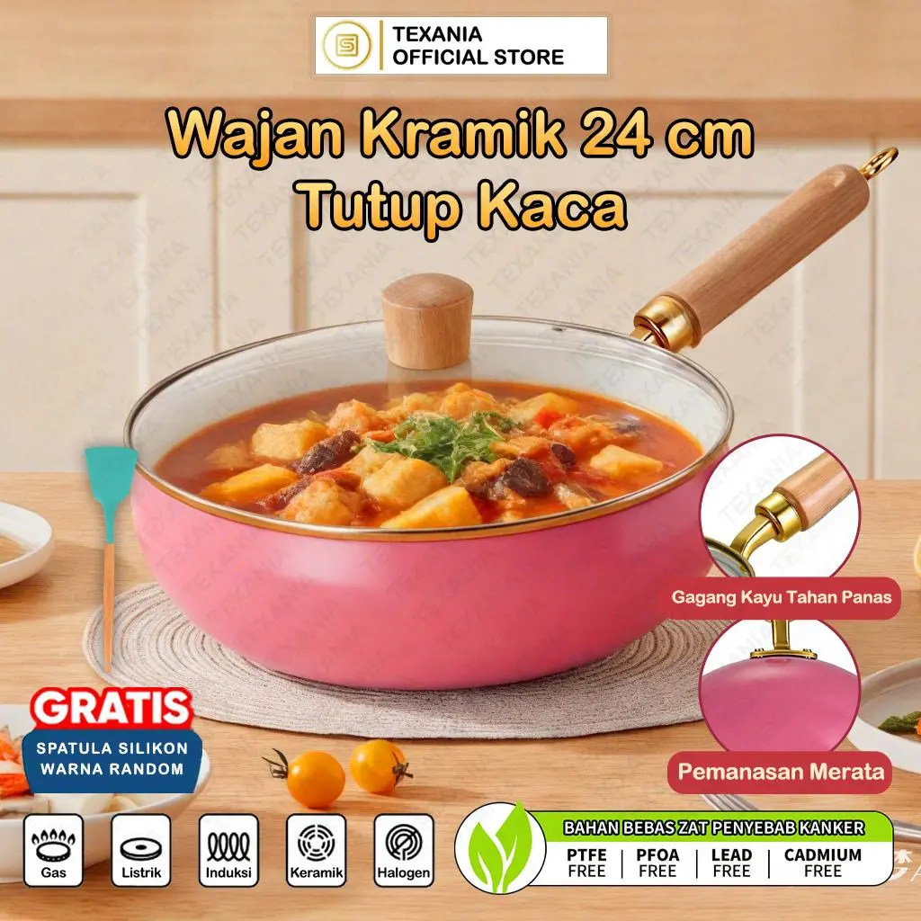 [EXCLUSIVE BABYOLIV] BISA PILIH WARNA TEXANIA Wajan Ceramic Coating Cantik Anti Lengket Gagang Kayu Tutup Kaca Mewah 24cm - Spatula Silikon