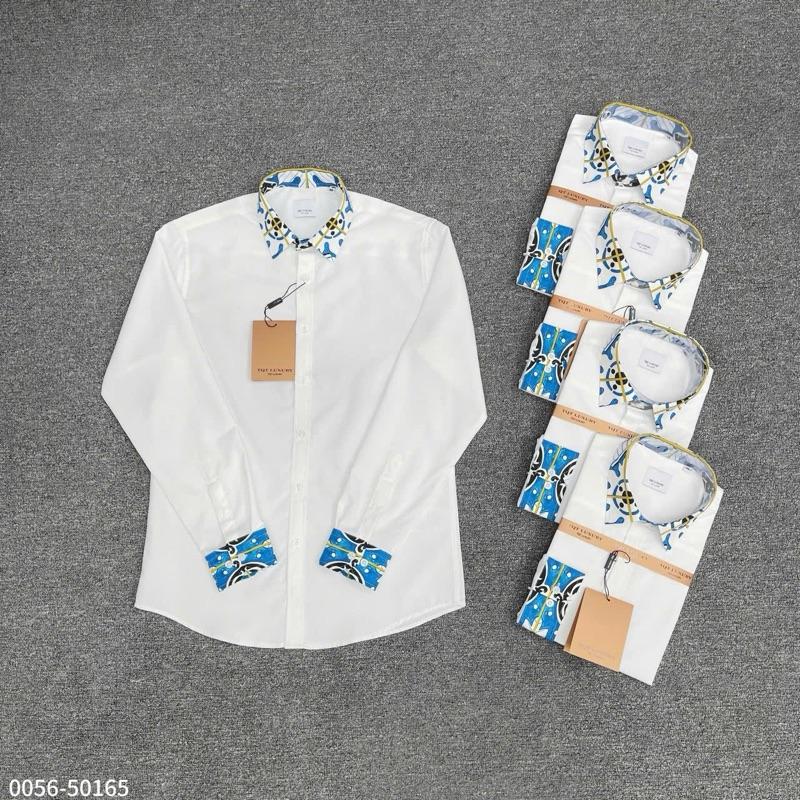  Áo sơ mi dài tay nam nữ TA89 trắng trơn phối bo tay và cổ in chìm loang xanh trắng dầy dặn boy phố 