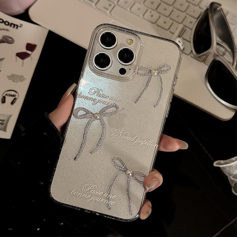Product Introduction of Sparkly Pearl Bow Glitter Clear Full-Edge Protective Anti-Scratch Phone Case for iPhone 11/12/13/14/15/16 Pro/15 Pro Max Shockproof Anti-Drop Smartphone Case for Women 11