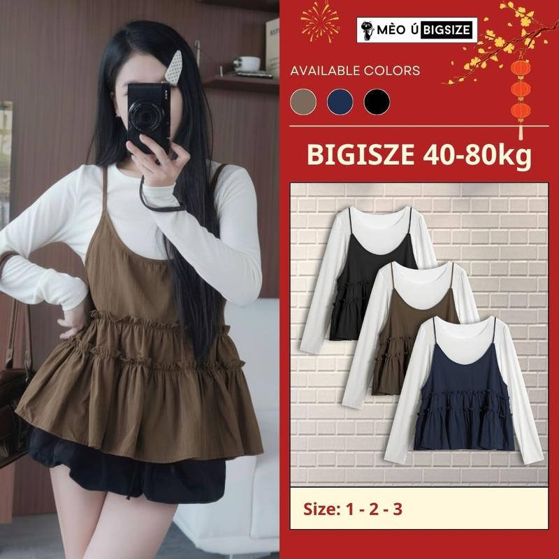 Set áo nữ BIGSIZE Mèo Ú áo thun trơn cổ bèo dài tay form rộng kèm áo babydoll 2 dây nhún tầng nữ tính hack dáng 390