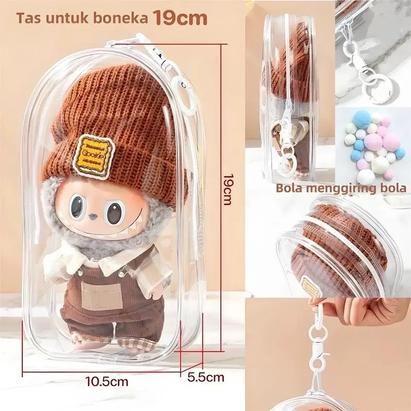 Tas penyimpanan boneka transparan Tas pelindung boneka transparan termasuk gantungan kunci dan pom pom 2