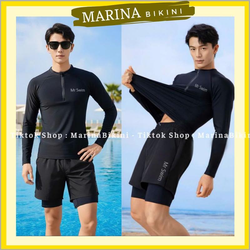 Bộ đồ bơi nam kín đáo Có bán lẻ quần 2 lớp áo tay dài và ngắn có khóa kéo đi biển phong cách thể thao Marina 043