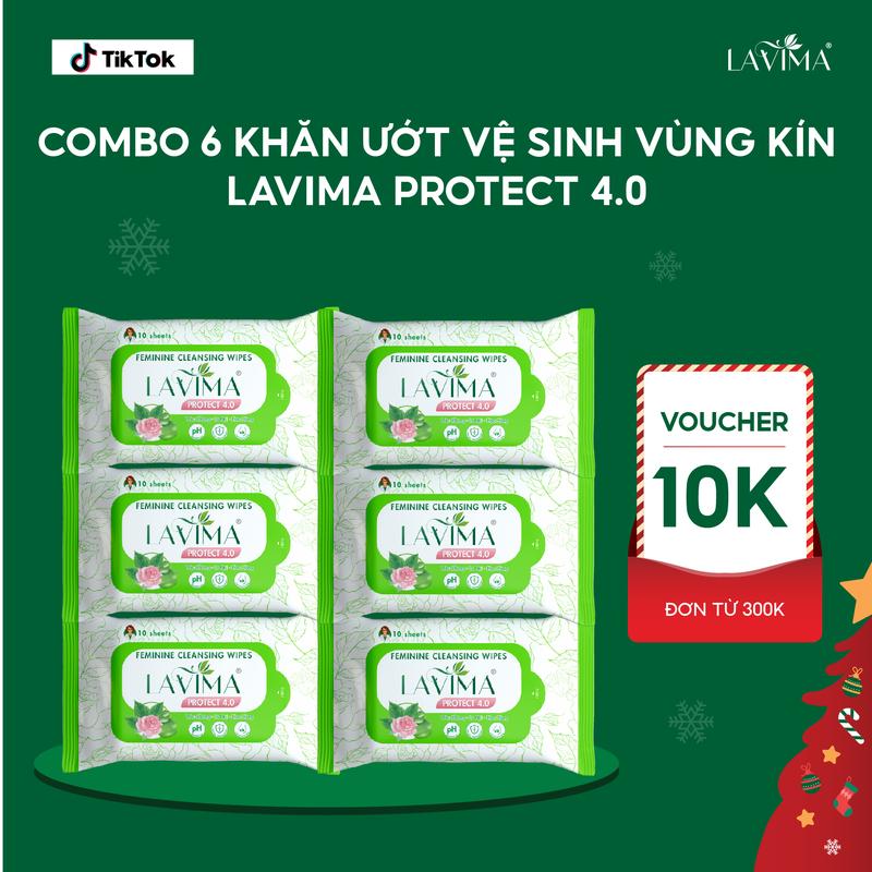  Combo 6 Khăn Ướt Vệ Sinh Vùng Kín Lavima Protect 4.0 Lành Tính Dịu Nhẹ Kháng Khuẩn Tiện Dụng Gói 10 Tờ 