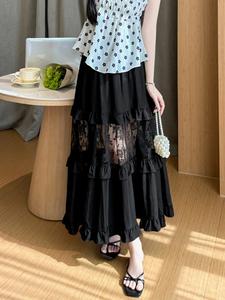 レディース ミディ丈 レースパッチワーク フリルヘム Aラインスカート、春夏向けおしゃれなロングスカート（カジュアルウェア）、エレガントなケーキスカート