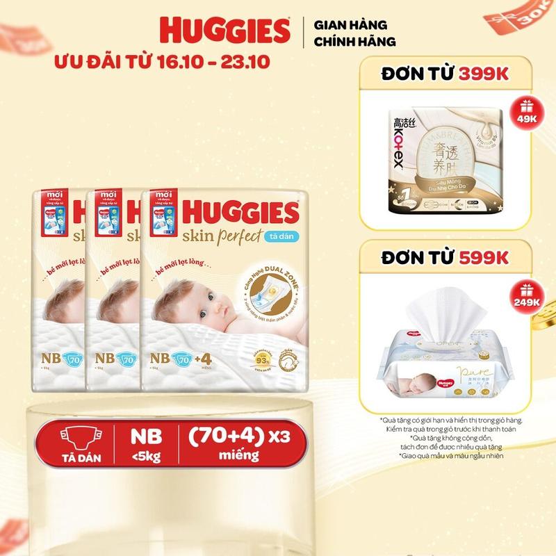 Thùng 3 gói Tã/bỉm dán sơ sinh Huggies Skin Perfect với 2 vùng thấm giảm kích ứng da Size NB70+4/S54+4/S80+2/M76+3 [CTKM cộng miếng thay đổi theo từng đợt nhập hàng]