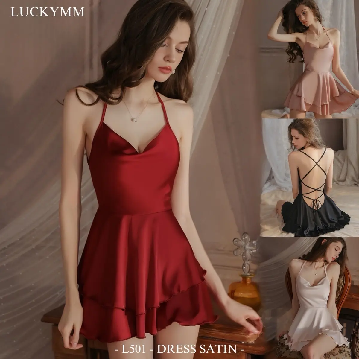 Luckymm Sleepwear Dress Satin Baju Tidur Dinas Wanita / Dress Sleepwear Nightgown Satin 501