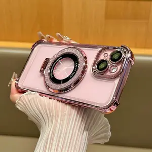 Glitter MagSafe Magnetic Bracket Airbag Anti-fall Phone Case For iPhone 17 16 15 14 Pro Max Plus 13 12 11 Pro Max XR Wireless Charging Phone Casing Transparent Shockproof Phone Cover With Lens Films Protection With Stand Holder